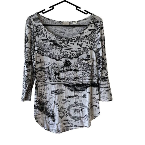 Postmark Anthropologie‎ World Map Reverie 3/4 Sleeve Blouse Scoop Neck X-Small - Picture 1 of 9